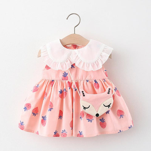 Summer Girls Dress New Sleeveless Lace Collar Cartoon Printed Children's Dress To Send Fox Bag